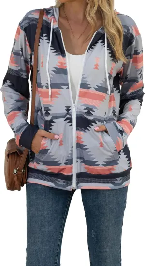 Women's Aztec Pattern Western Coats Ethnic Style Hooded Sweatshirts Casual Long Sleeve Zip Up Vintage Jackets