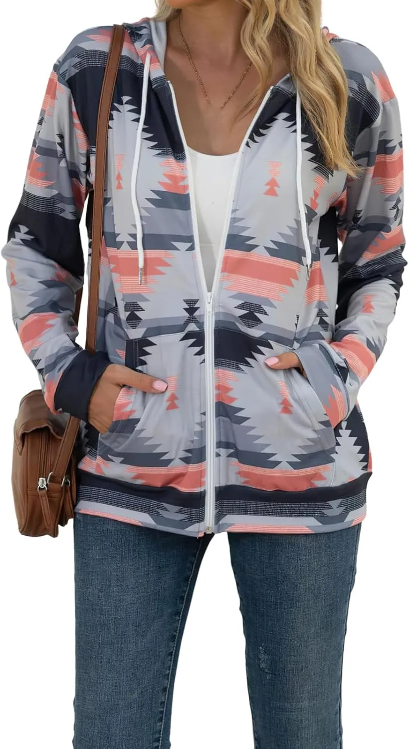 Women's Aztec Pattern Western Coats Ethnic Style Hooded Sweatshirts Casual Long Sleeve Zip Up Vintage Jackets