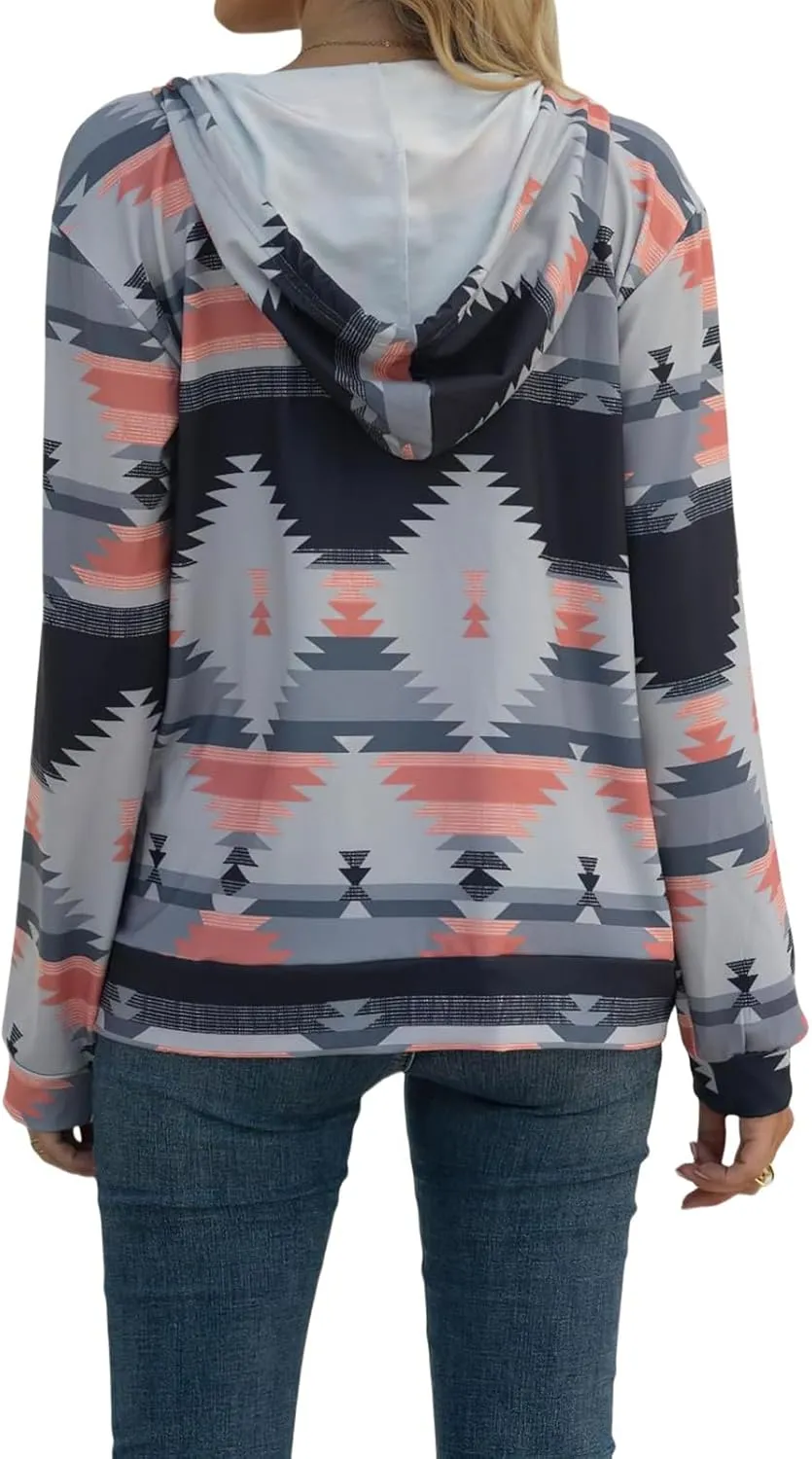 Women's Aztec Pattern Western Coats Ethnic Style Hooded Sweatshirts Casual Long Sleeve Zip Up Vintage Jackets