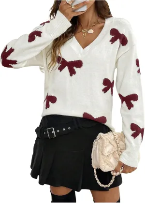 Women's Bow Print Sweaters V Neck Lightweight Sweater Long Sleeve Pullovers Knit Top