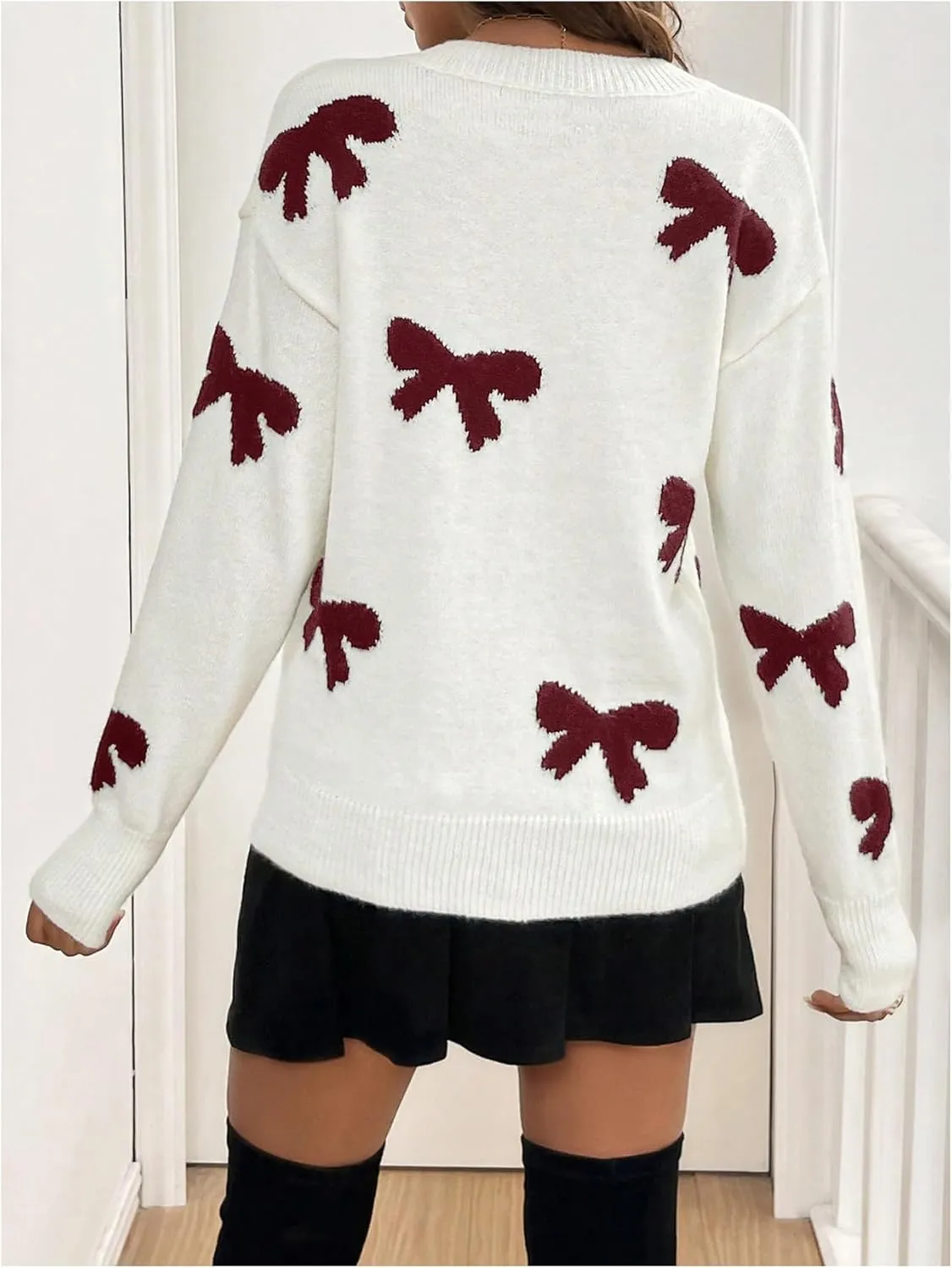 Women's Bow Print Sweaters V Neck Lightweight Sweater Long Sleeve Pullovers Knit Top