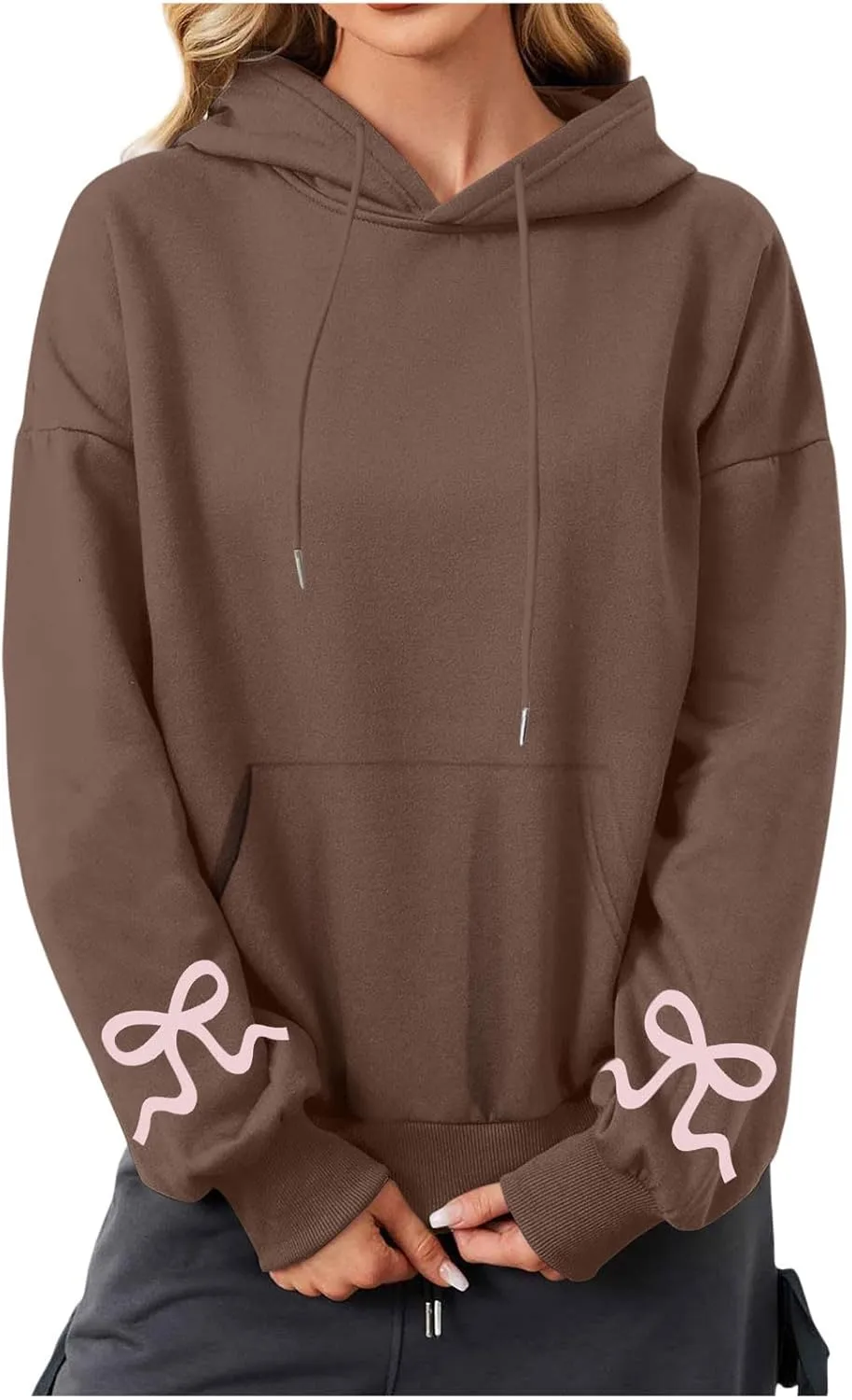 Womens Bow Trim Print Fleeced Hoodies Oversized Long Sleeve Hooded Sweatshirts Cute Print Drop Shoulder Pullover Top