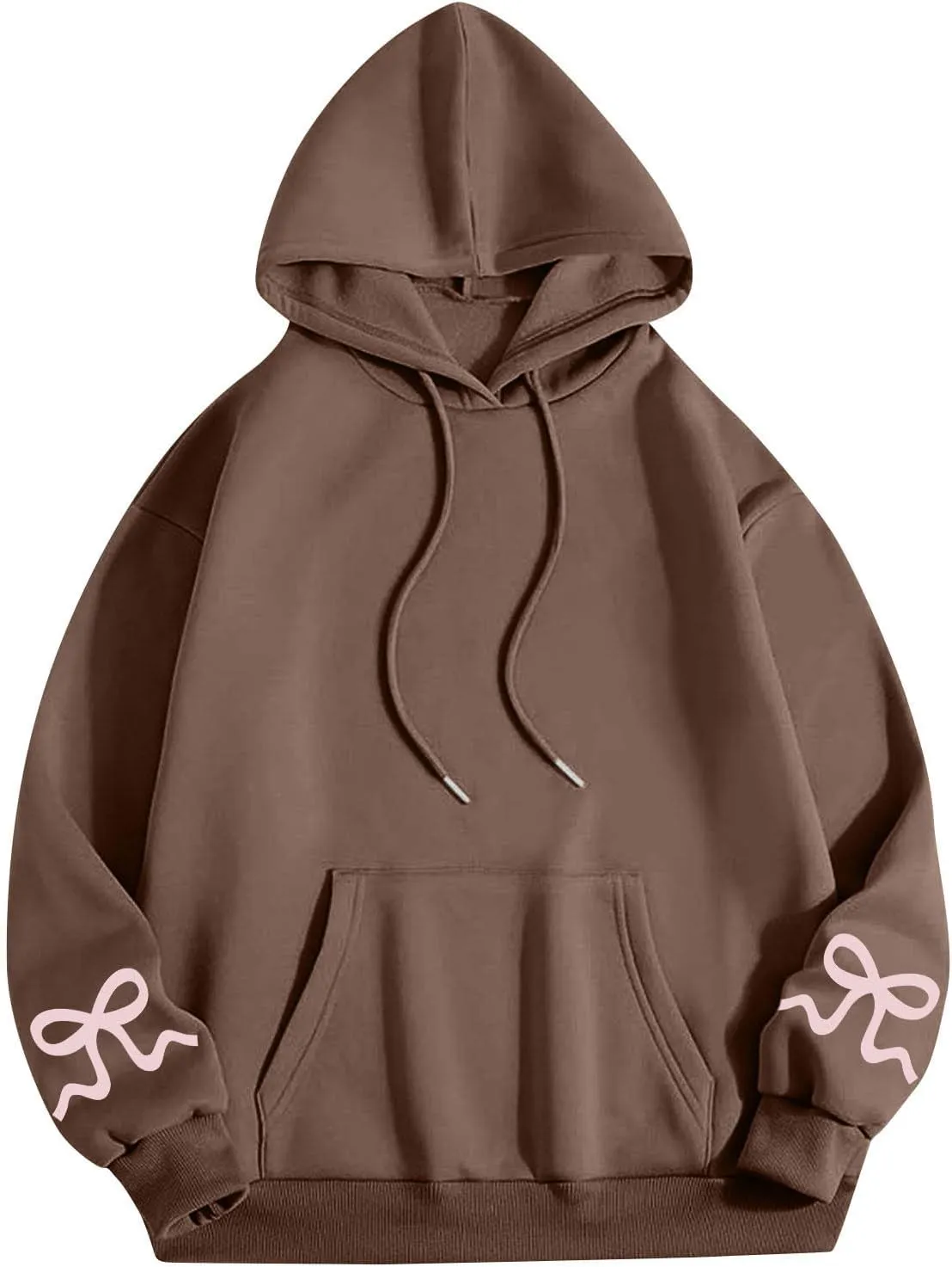 Womens Bow Trim Print Fleeced Hoodies Oversized Long Sleeve Hooded Sweatshirts Cute Print Drop Shoulder Pullover Top
