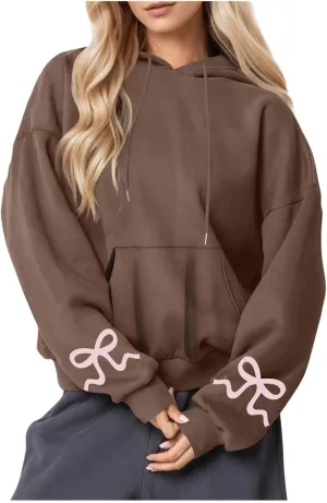 Womens Bow Trim Print Fleeced Hoodies Oversized Long Sleeve Hooded Sweatshirts Cute Print Drop Shoulder Pullover Top