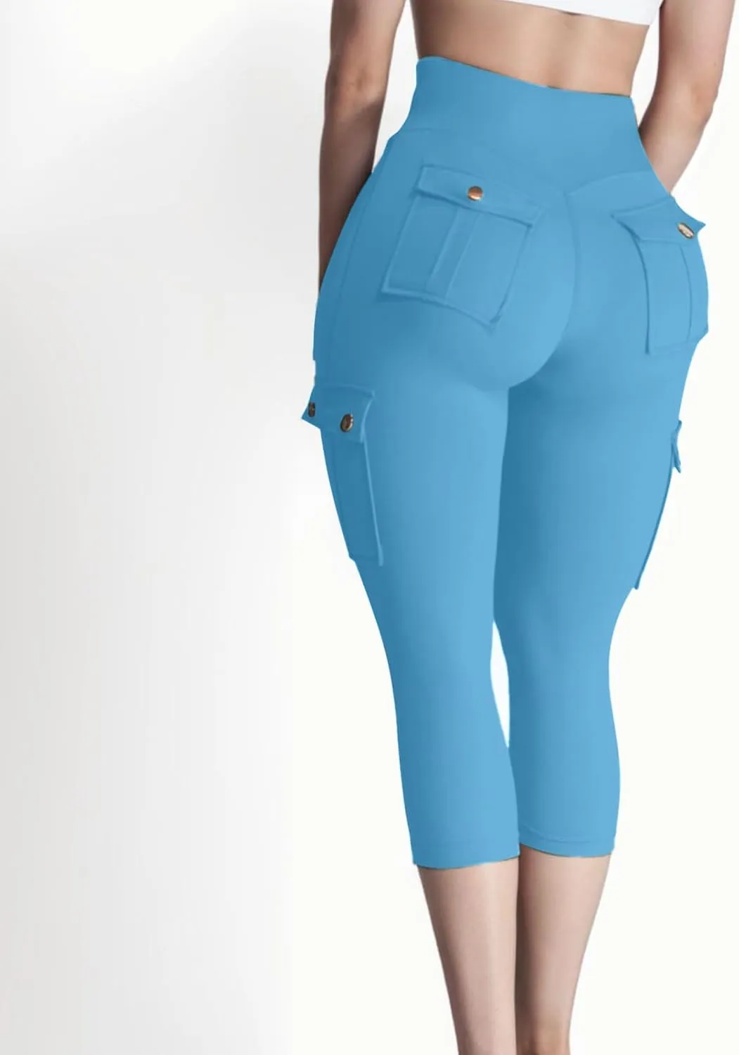 Women's Butt Lifting Biker Capri Cargo High Waist Flap Pocket Workout Capris Causal Athletic Gym Training Sweatpant