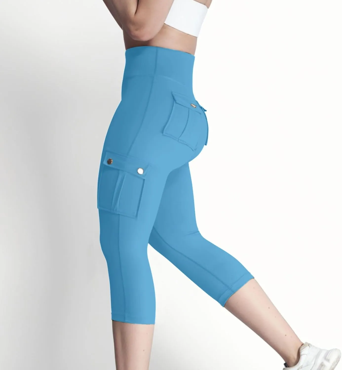 Women's Butt Lifting Biker Capri Cargo High Waist Flap Pocket Workout Capris Causal Athletic Gym Training Sweatpant