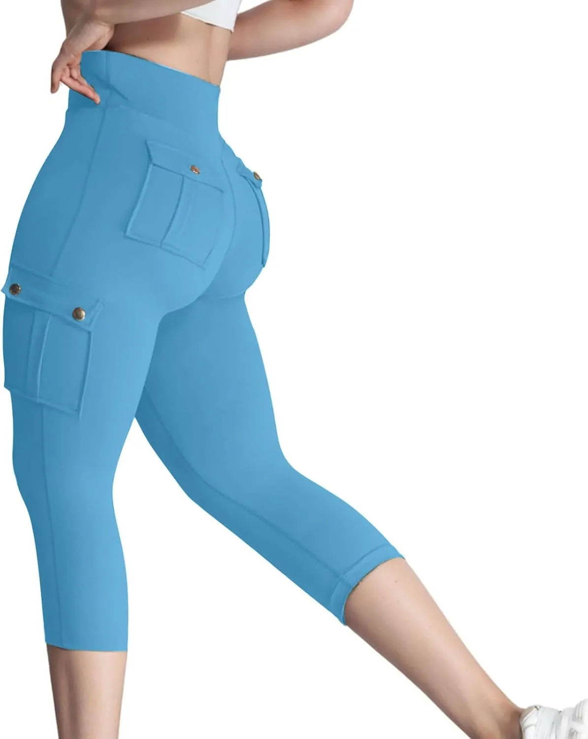 Women's Butt Lifting Biker Capri Cargo High Waist Flap Pocket Workout Capris Causal Athletic Gym Training Sweatpant