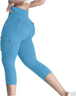 Women's Butt Lifting Biker Capri Cargo High Waist Flap Pocket Workout Capris Causal Athletic Gym Training Sweatpant