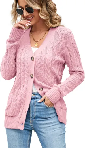 Women's Cable Knit Open Front Button Down Cardigan Sweater Long Sleeve Chunky Fall Sweater Outwear