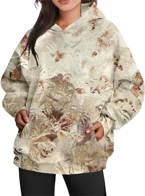 Womens Camo Hoodies Maple Leaf Print Oversized Hooded Camo Sweatshirt,Maple Leaf Print Pullover Tops with Pocket