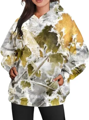 Womens Camo Hoodies Maple Leaf Print Oversized Hooded Pullover Long Sleeve Fleece Camo Sweatshirt Sweater with Pocket