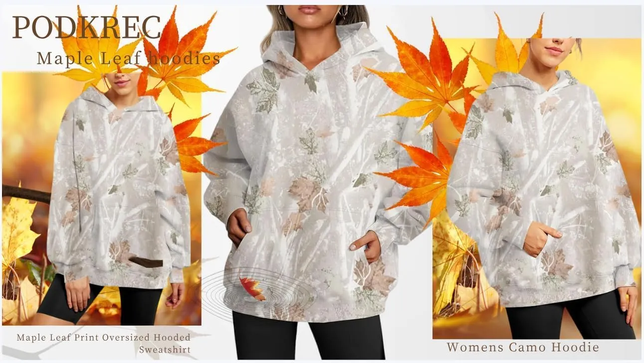 Womens Camo Hoodies Maple Leaf Print Oversized Hooded Pullover Long Sleeve Fleece Camo Sweatshirt Sweater with Pocket