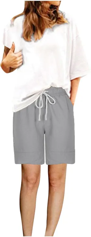 Womens Capris for Summer Cotton Linen Pants Beach High Waisted Drawstring Casual Loose Capris Pants with Pockets