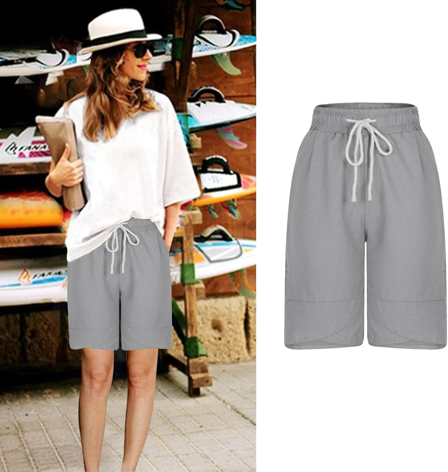 Womens Capris for Summer Cotton Linen Pants Beach High Waisted Drawstring Casual Loose Capris Pants with Pockets