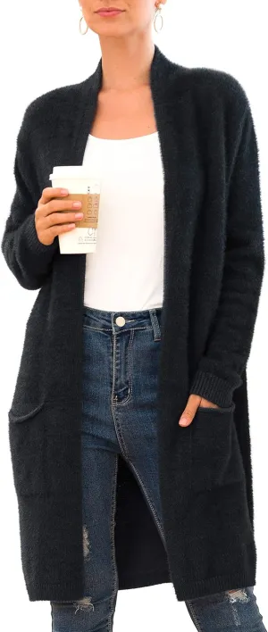Women's Casual Open Front Knit Cardigans Long Sleeve Plush Sweater Coat with Pockets