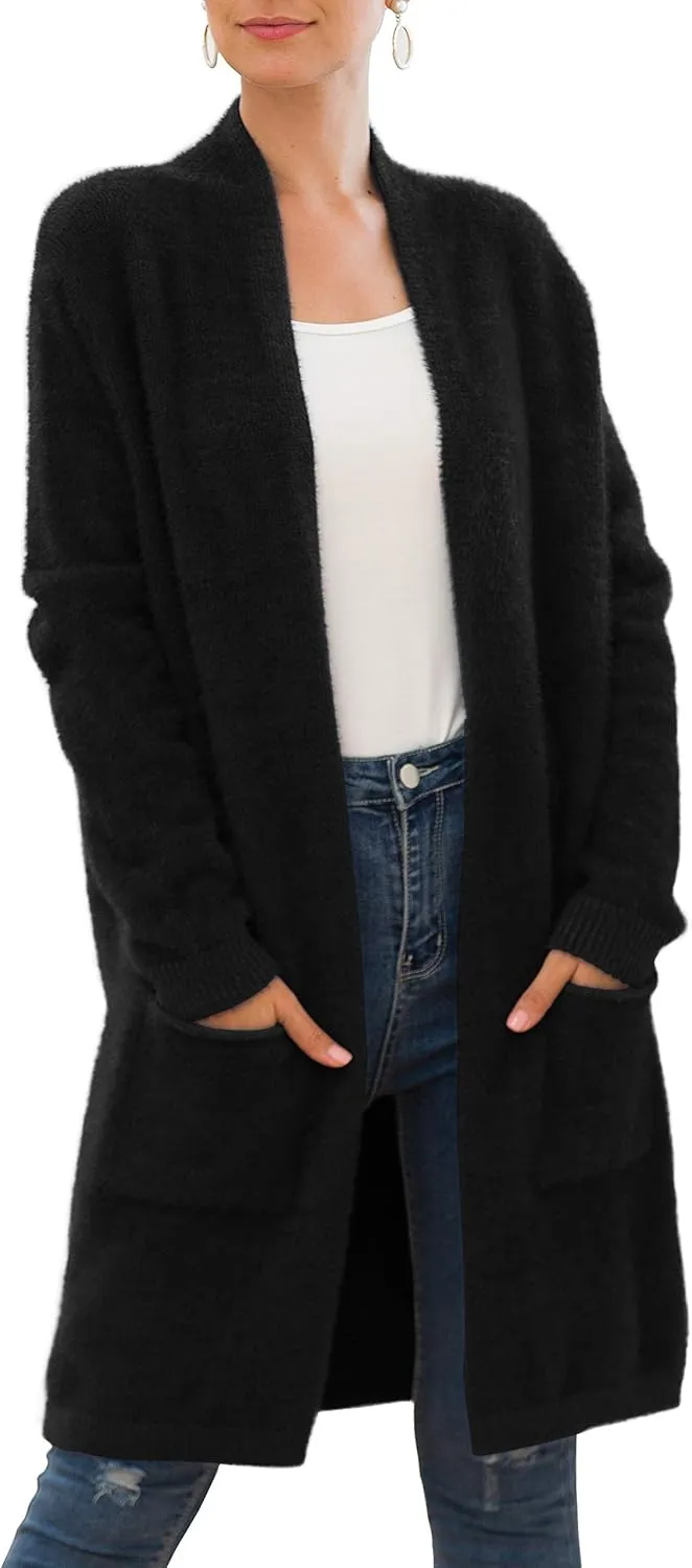 Women's Casual Open Front Knit Cardigans Long Sleeve Plush Sweater Coat with Pockets