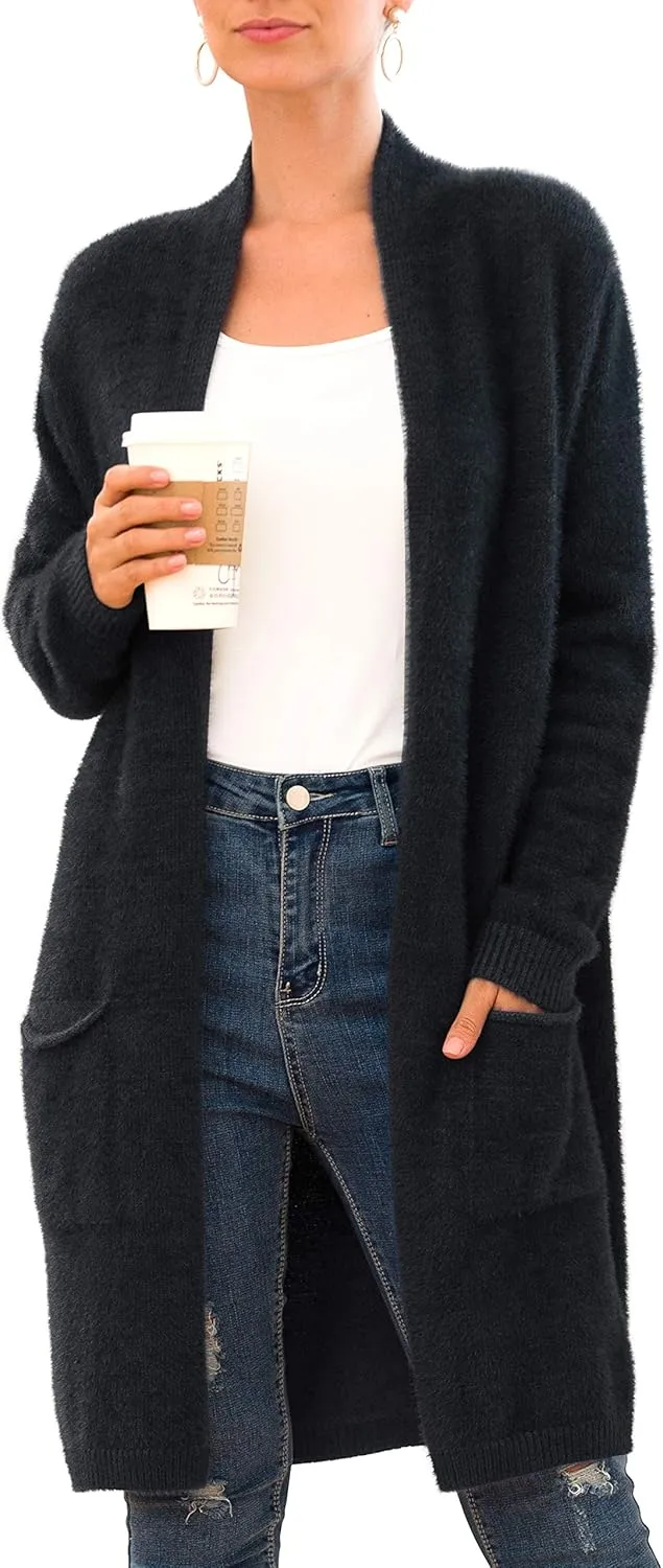 Women's Casual Open Front Knit Cardigans Long Sleeve Plush Sweater Coat with Pockets