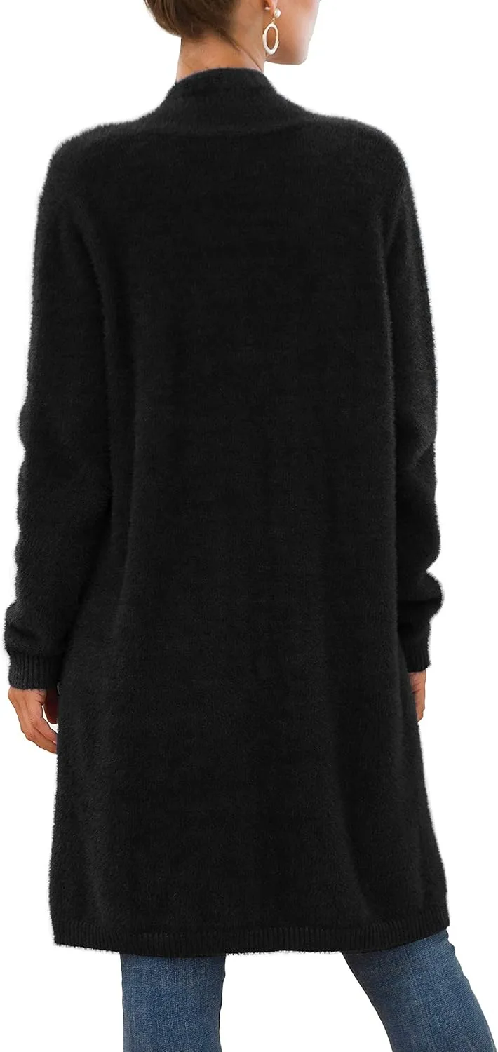 Women's Casual Open Front Knit Cardigans Long Sleeve Plush Sweater Coat with Pockets