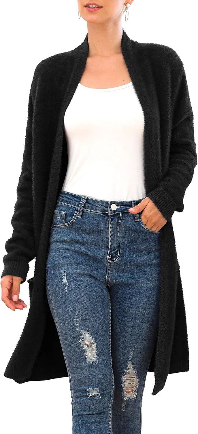 Women's Casual Open Front Knit Cardigans Long Sleeve Plush Sweater Coat with Pockets