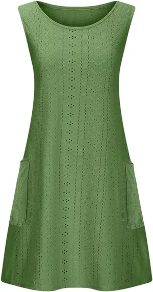 Womens Casual Summer Dresses Sleeveless Crewneck Tank Midi Dress with Pockets Trendy Spring Loose Beach Sundress