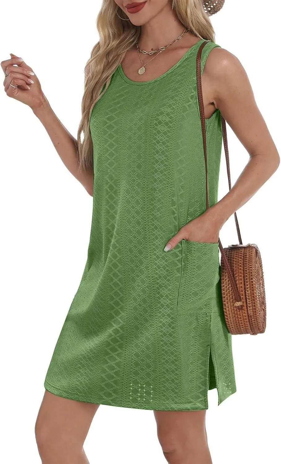 Womens Casual Summer Dresses Sleeveless Crewneck Tank Midi Dress with Pockets Trendy Spring Loose Beach Sundress
