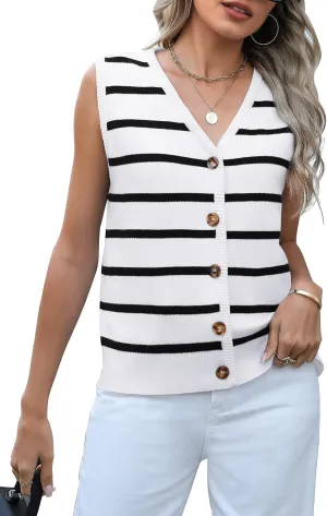 Women's Casual V Neck Sweater Tank Tops Striped Sweater Vest Sleeveless Pullover Button Down Knit Vest Tops