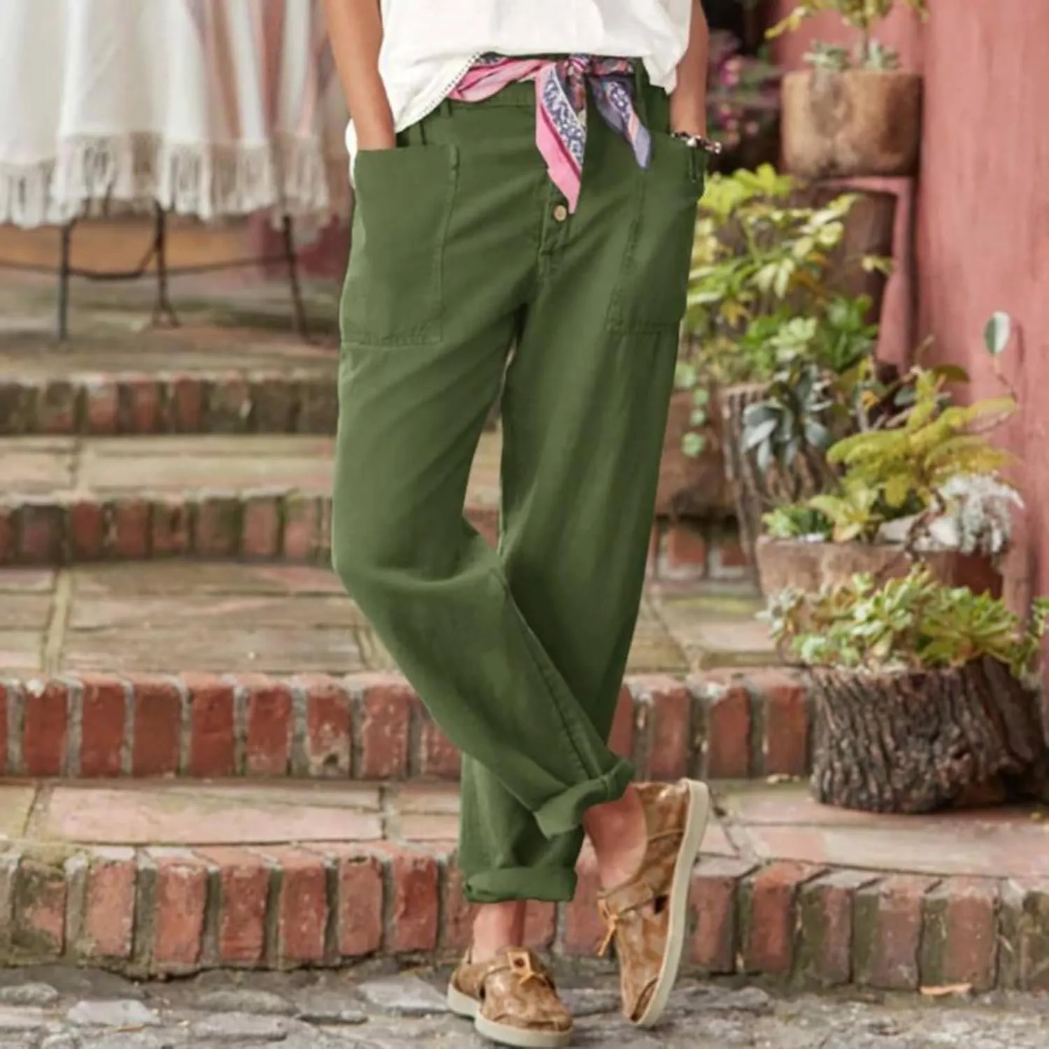 Womens Casual Work Pants with Pockets Elastic High Waist Paper Bag Trousers with Breasted Cotton Loose Wide Leg Walking Pants