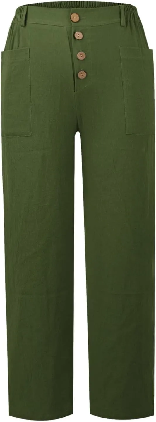 Womens Casual Work Pants with Pockets Elastic High Waist Paper Bag Trousers with Breasted Cotton Loose Wide Leg Walking Pants