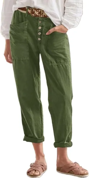 Womens Casual Work Pants with Pockets Elastic High Waist Paper Bag Trousers with Breasted Cotton Loose Wide Leg Walking Pants