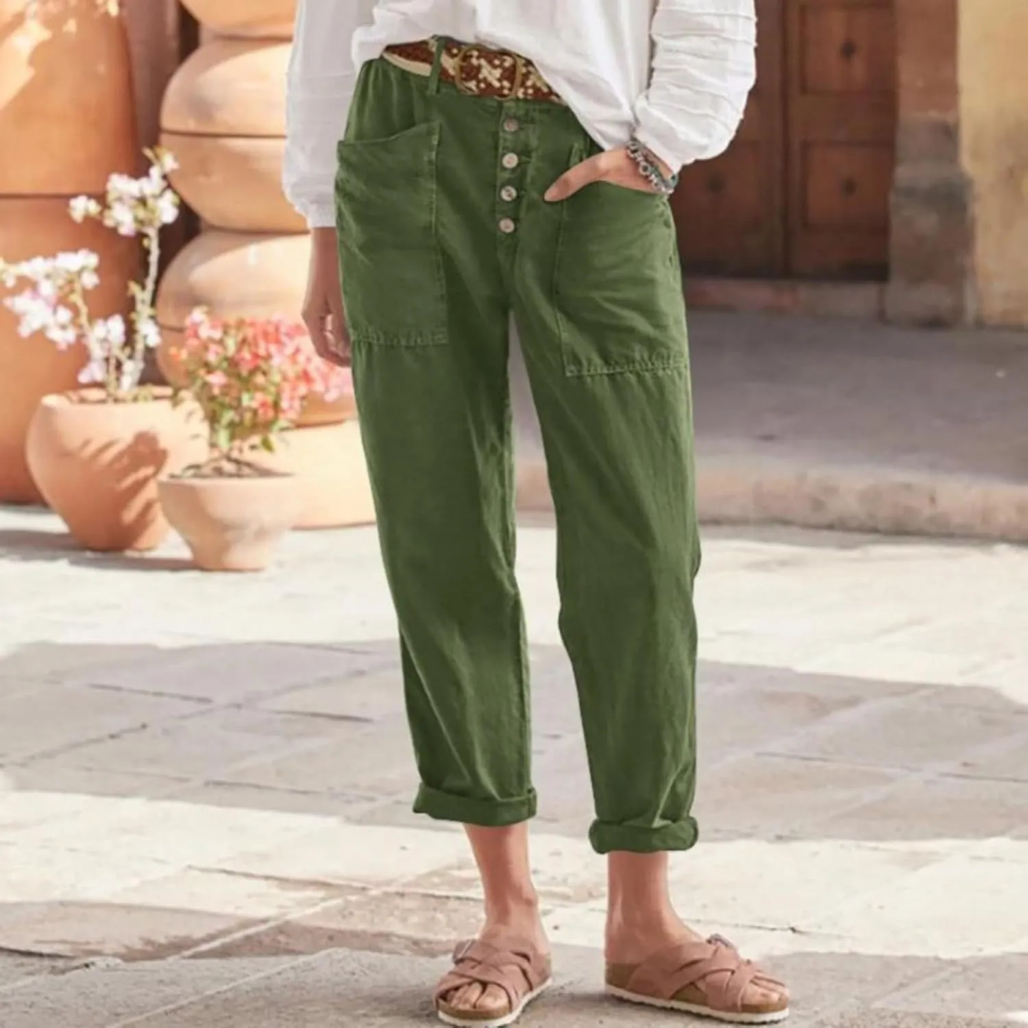 Womens Casual Work Pants with Pockets Elastic High Waist Paper Bag Trousers with Breasted Cotton Loose Wide Leg Walking Pants