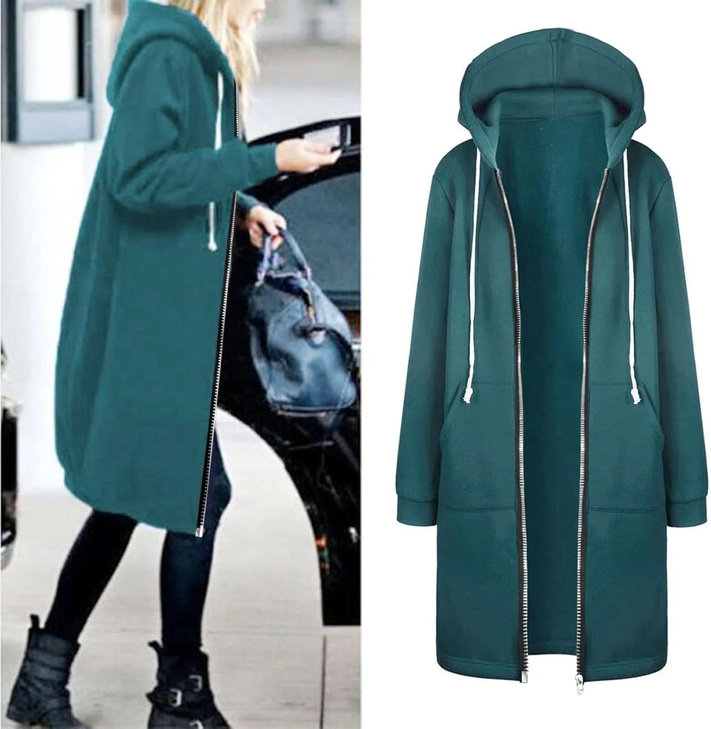 Women's Casual Zip Up Hoodies Long Tunic Sweatshirt Winter Windproof Drawstring Hooded Jacket Outerwear with Pockets