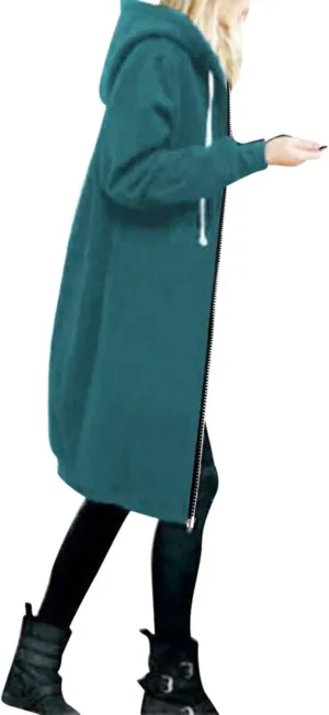 Women's Casual Zip Up Hoodies Long Tunic Sweatshirt Winter Windproof Drawstring Hooded Jacket Outerwear with Pockets