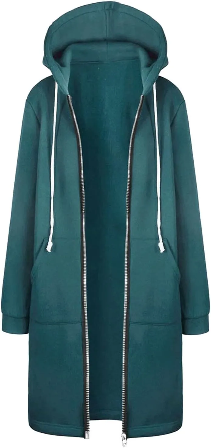 Women's Casual Zip Up Hoodies Long Tunic Sweatshirt Winter Windproof Drawstring Hooded Jacket Outerwear with Pockets