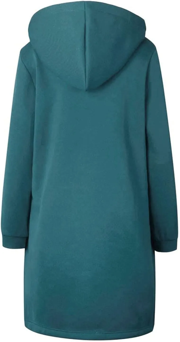 Women's Casual Zip Up Hoodies Long Tunic Sweatshirt Winter Windproof Drawstring Hooded Jacket Outerwear with Pockets