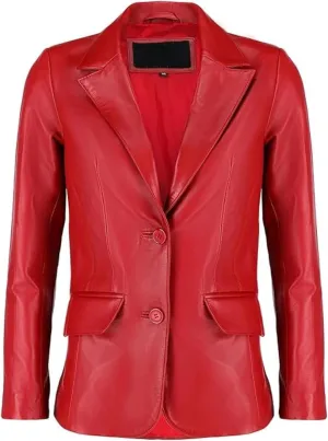Women's Classic 2-Button Lambskin Leather Blazer Women - Casual Coat Long Sleeves Suit Style Leather Jacket