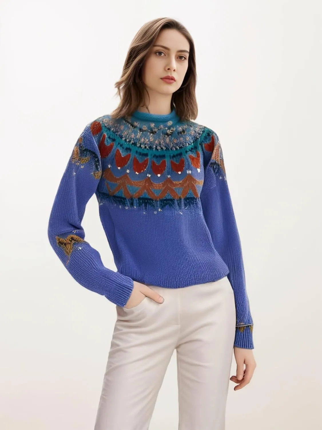 Women's Classic Fair Isle Pattern Knit Sweater 2024 Trendy Casual Loose Crewneck Long Sleeve Lightweight Jumper Tops