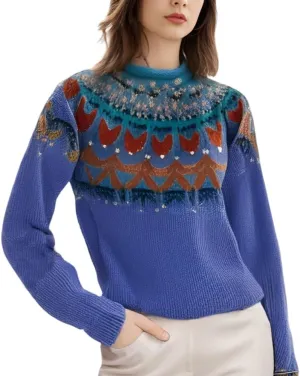 Women's Classic Fair Isle Pattern Knit Sweater 2024 Trendy Casual Loose Crewneck Long Sleeve Lightweight Jumper Tops