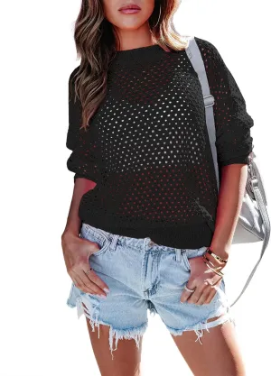 Women's Crochet Crewneck Lightweight Hollow Out Long Sleeve Sexy Knit Sweater