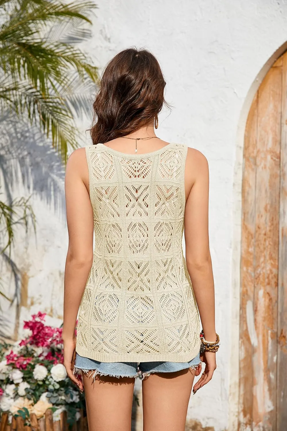 Women's Crochet Tank Tops Summer Knit Sweater Vest Hollow Out Sleeveless Boho Top
