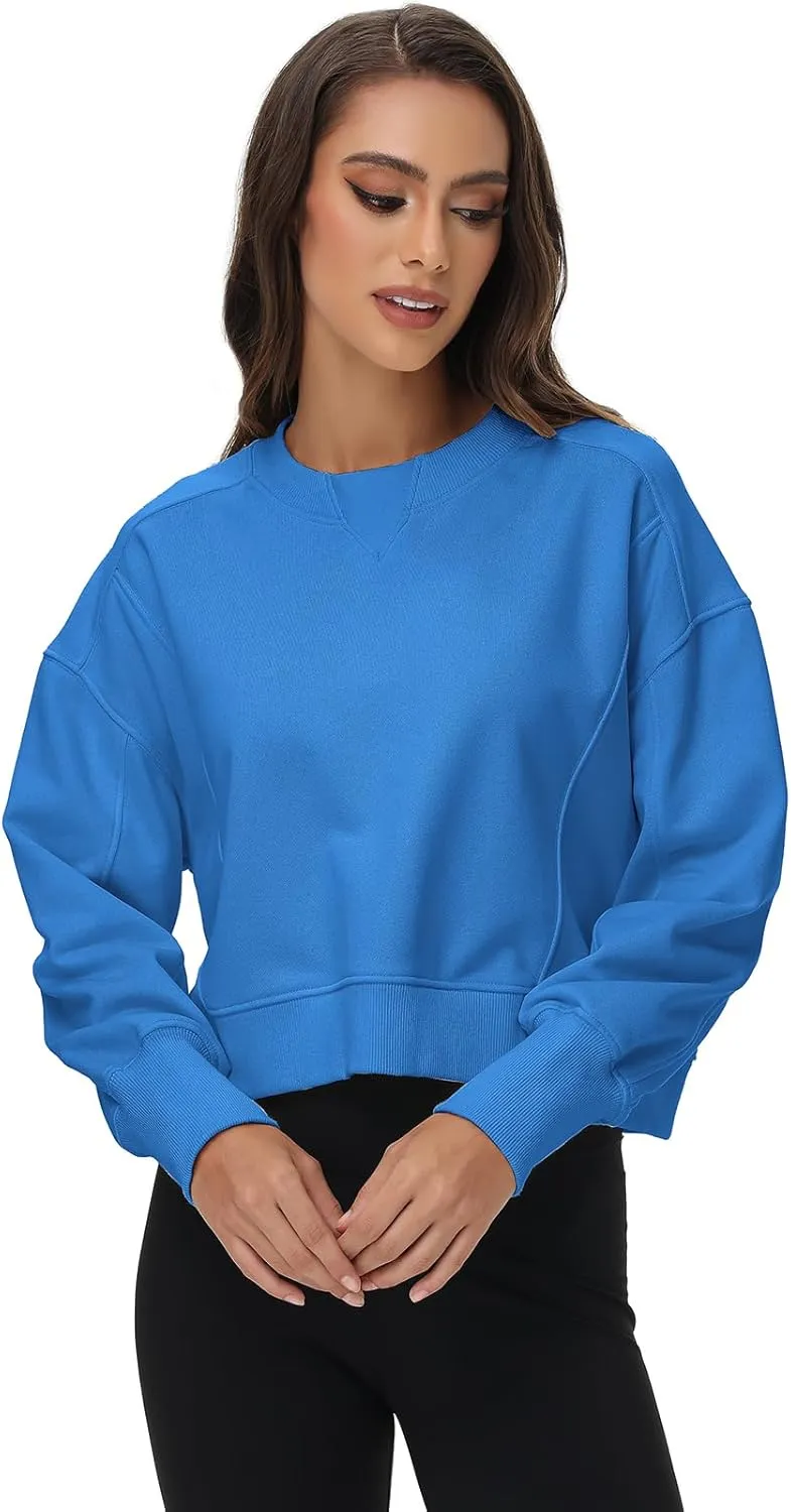 Women's Cropped Crewneck Sweatshirts Long Sleeve Oversized Sweatshirt Pullover Fall Crop Top Outfits