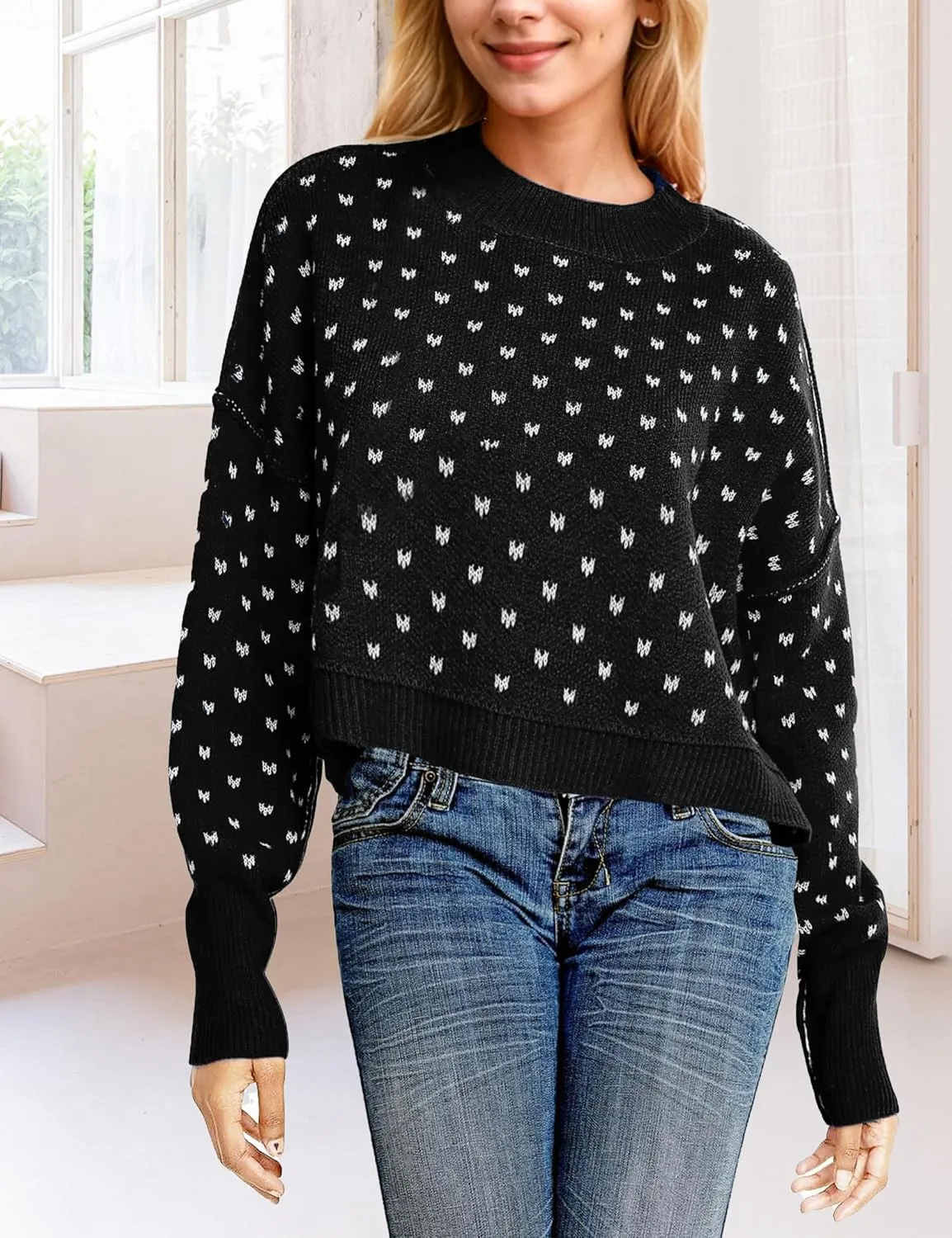 Womens Cropped Pullover Sweater Polka Dot Chunky Knit Sweater Floral Printed Crewneck Long Sleeve Fall Winter Outfits