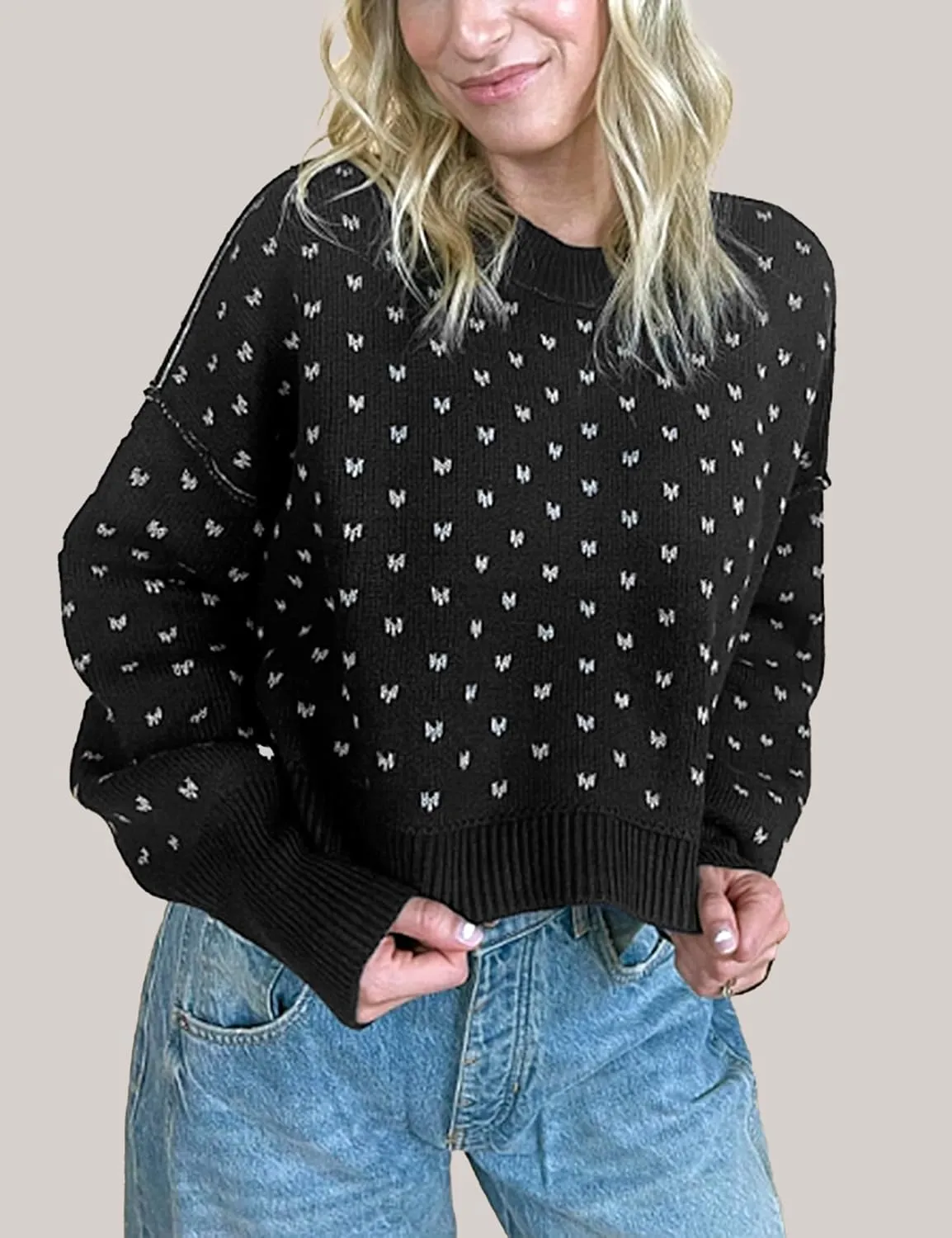 Womens Cropped Pullover Sweater Polka Dot Chunky Knit Sweater Floral Printed Crewneck Long Sleeve Fall Winter Outfits