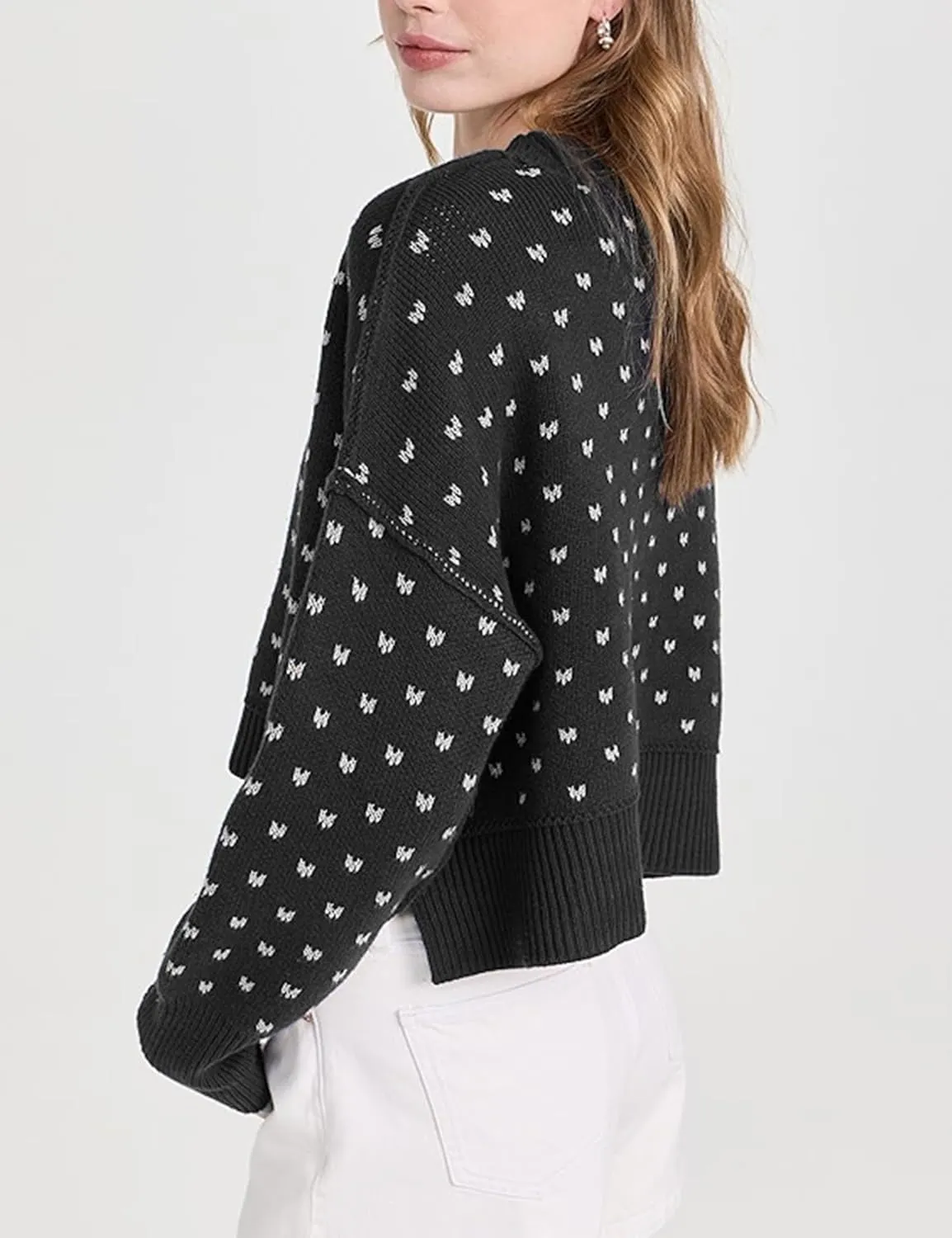 Womens Cropped Pullover Sweater Polka Dot Chunky Knit Sweater Floral Printed Crewneck Long Sleeve Fall Winter Outfits
