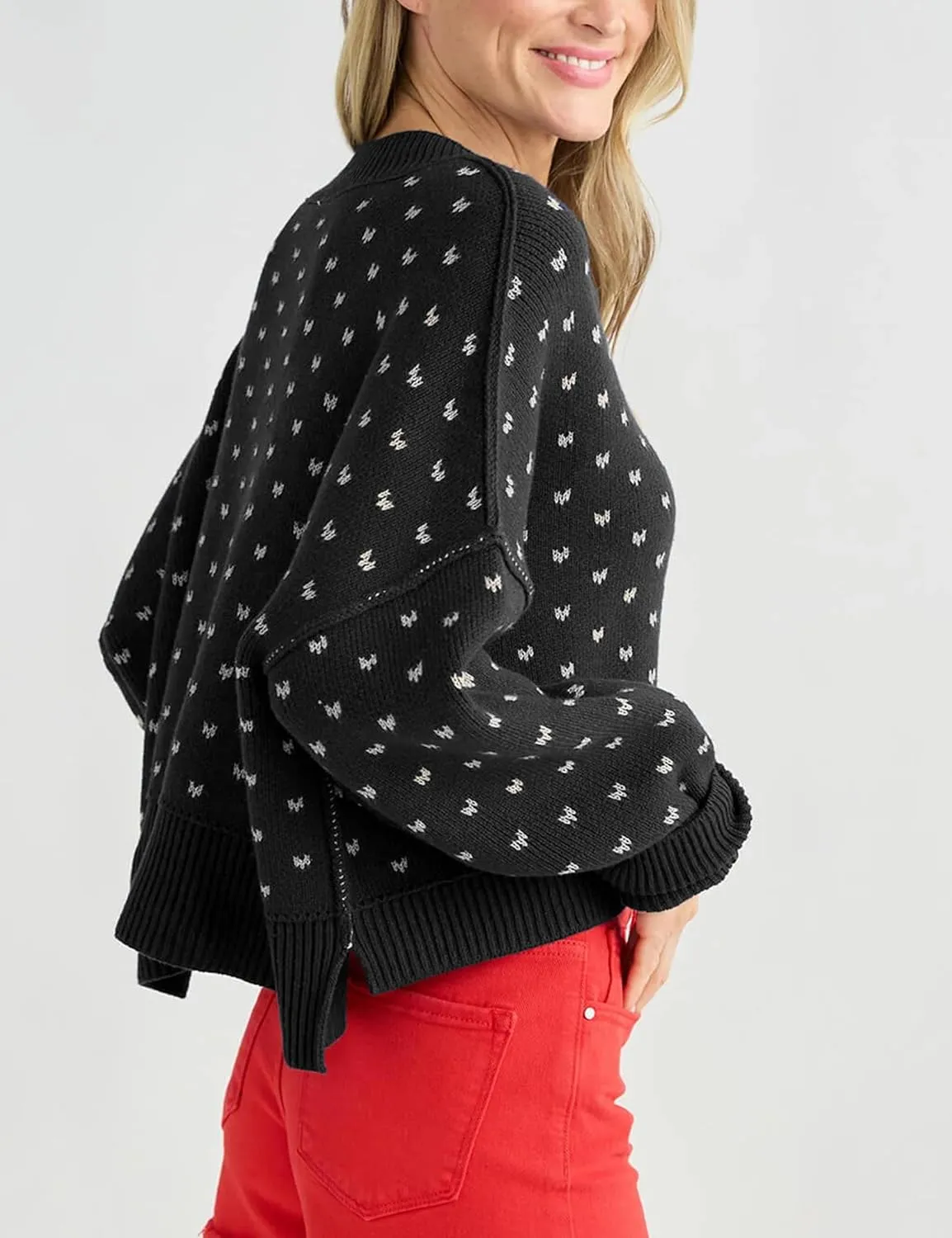 Womens Cropped Pullover Sweater Polka Dot Chunky Knit Sweater Floral Printed Crewneck Long Sleeve Fall Winter Outfits