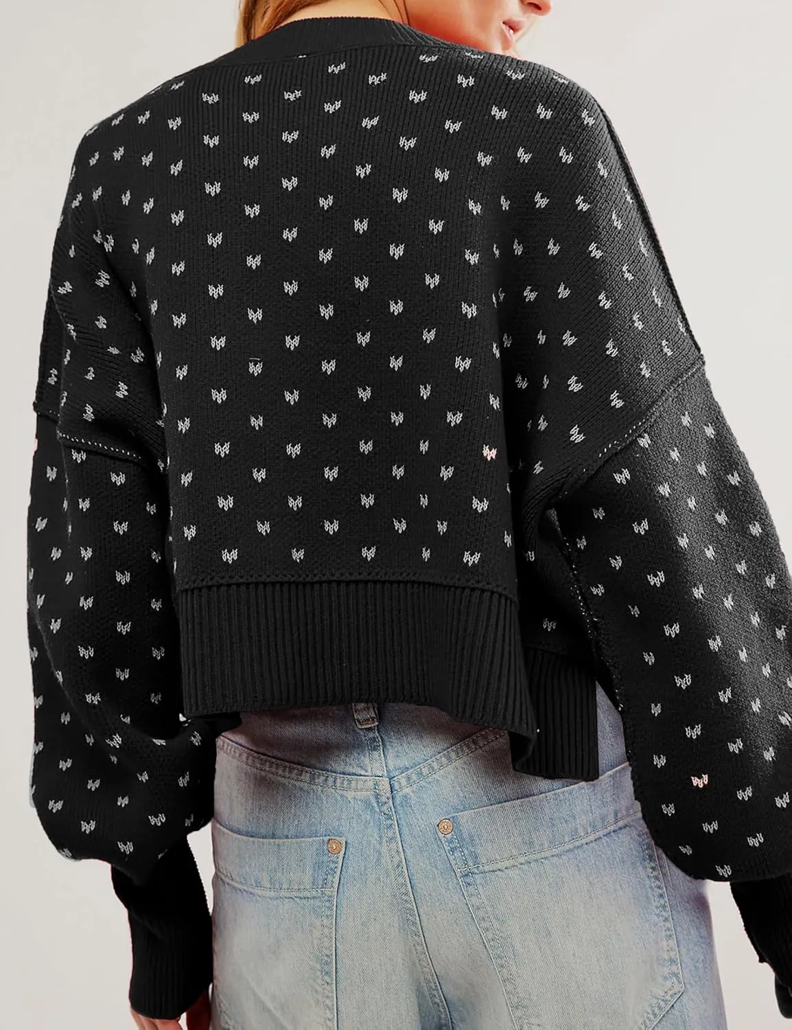 Womens Cropped Pullover Sweater Polka Dot Chunky Knit Sweater Floral Printed Crewneck Long Sleeve Fall Winter Outfits