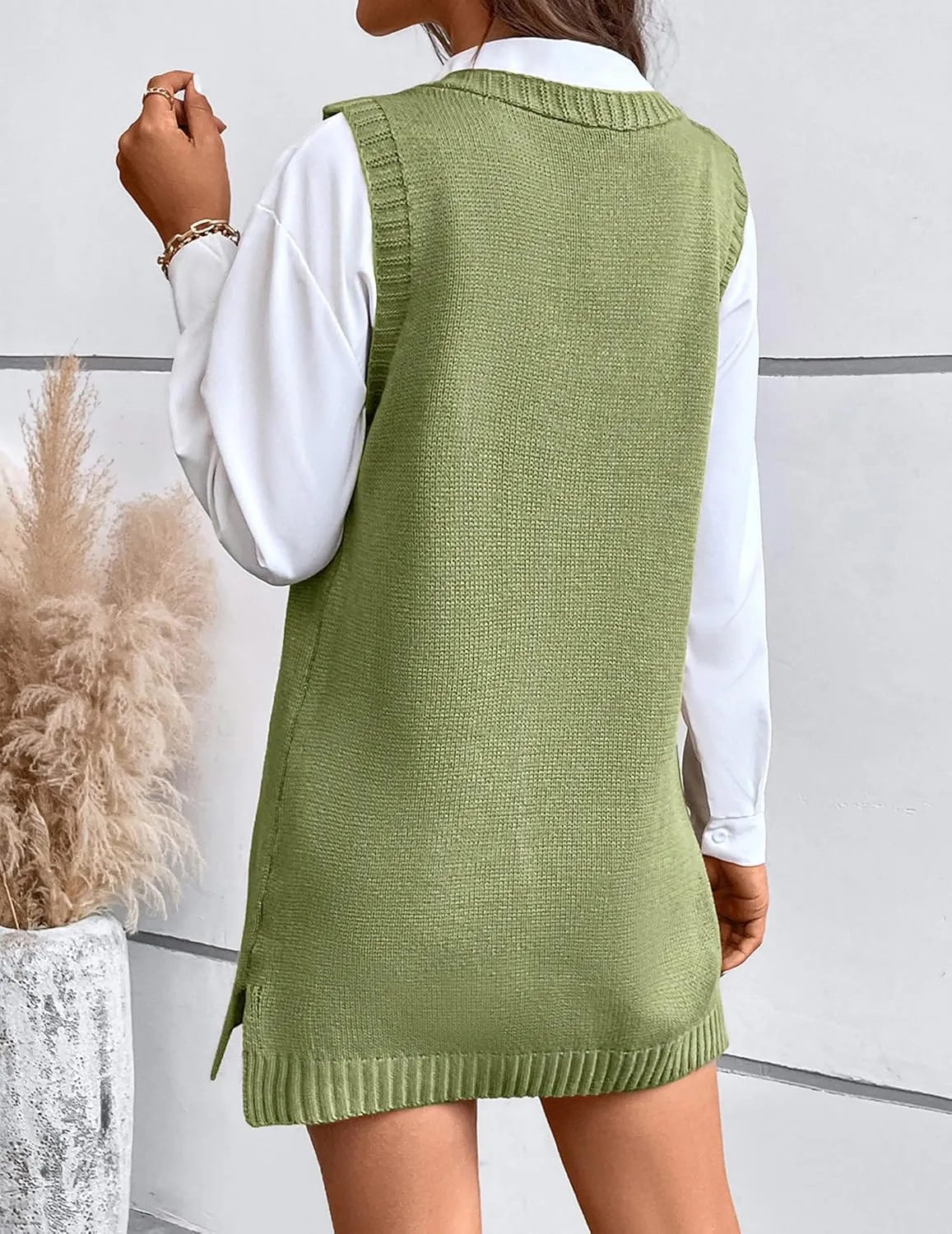 Womens Cute Lightweight V Neck Long Sweater Vest Dress Spring 2025 Trendy Ribbed Knit Side Slit Tunic Pullover Top