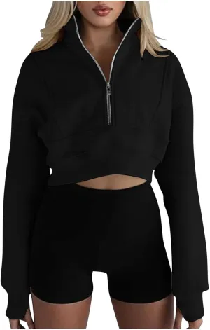 Women's Cute Pullover Half Zipper Cropped Sweatshirts, Winter Long Sleeve V Neck Knit, Fashion Hoodies Tops