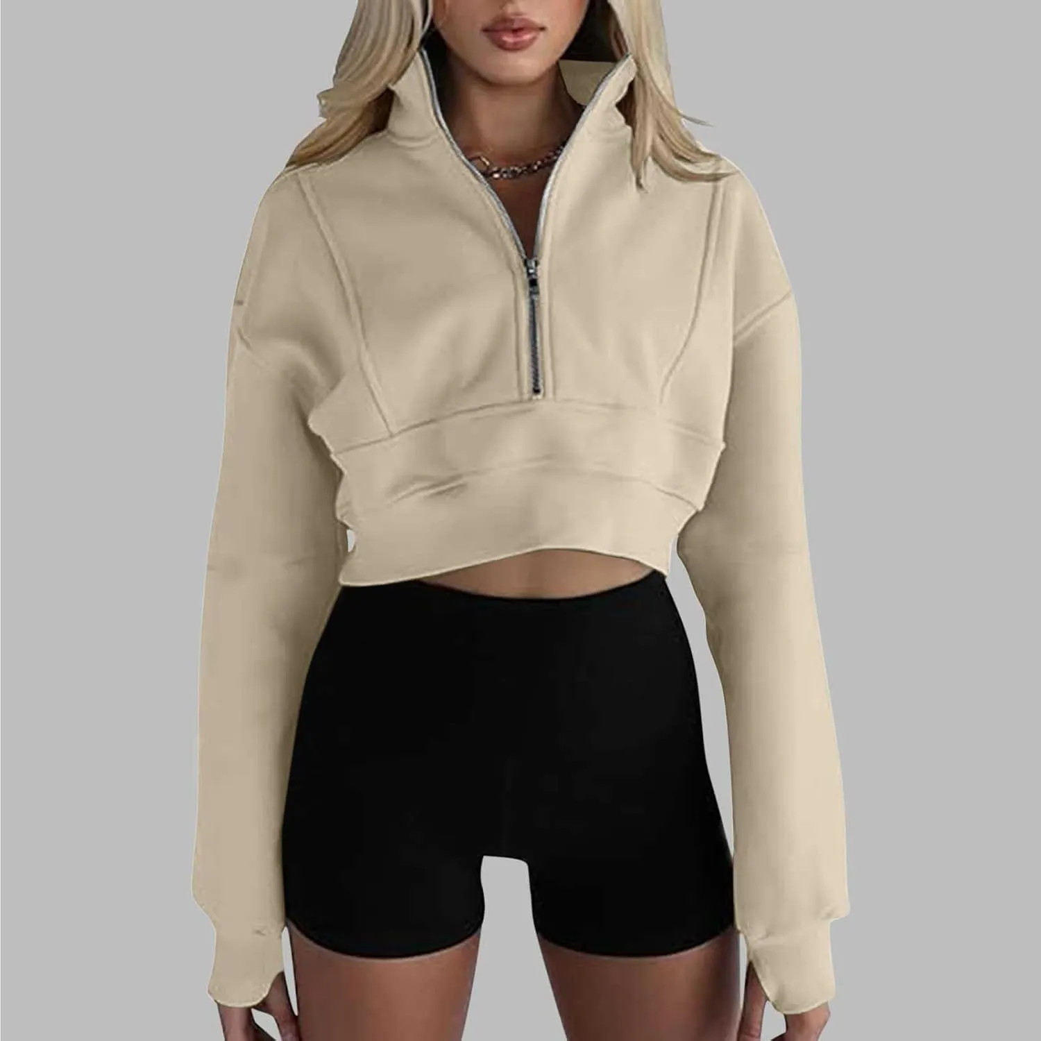 Women's Cute Pullover Half Zipper Cropped Sweatshirts, Winter Long Sleeve V Neck Knit, Fashion Hoodies Tops