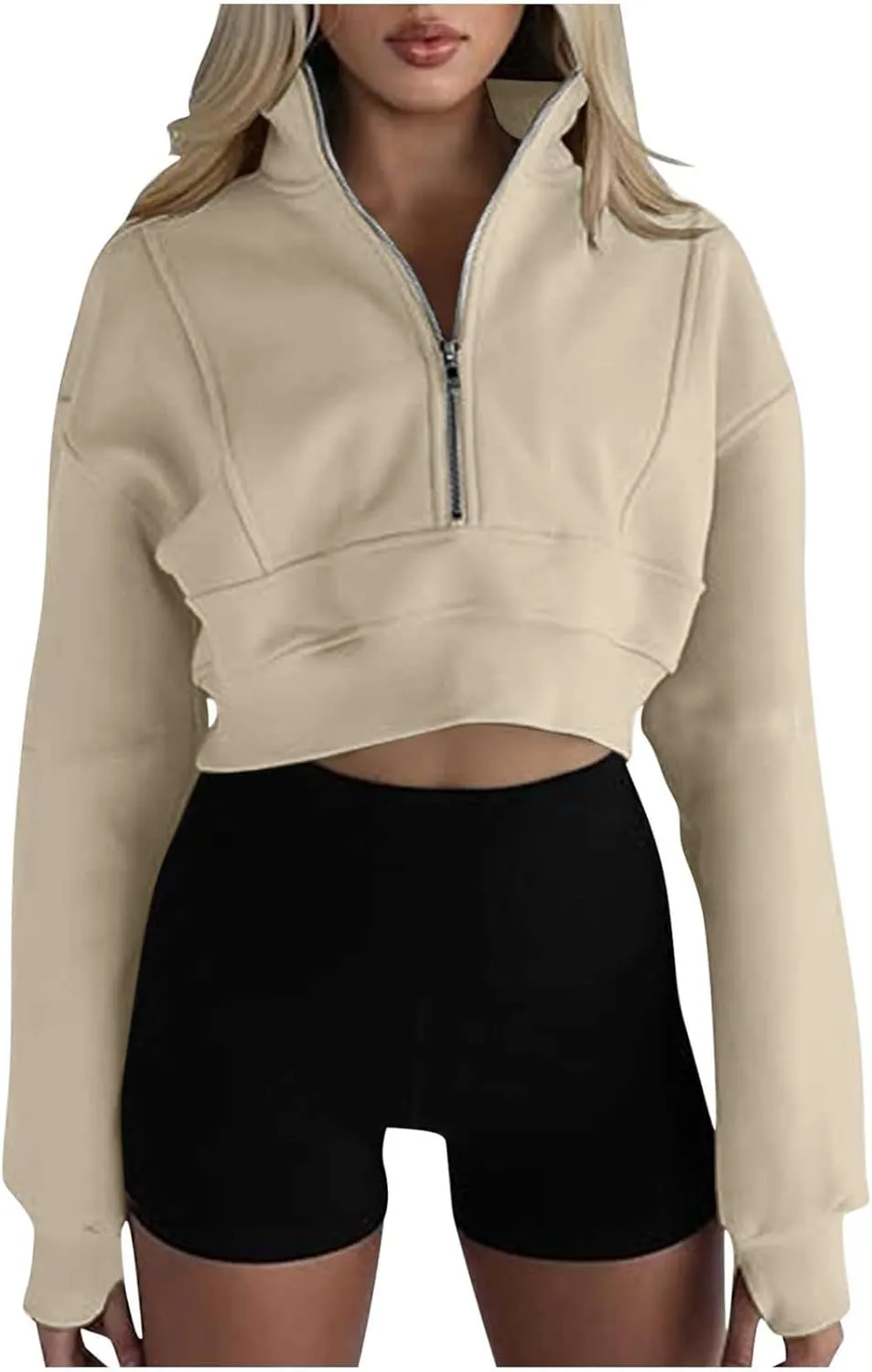 Women's Cute Pullover Half Zipper Cropped Sweatshirts, Winter Long Sleeve V Neck Knit, Fashion Hoodies Tops