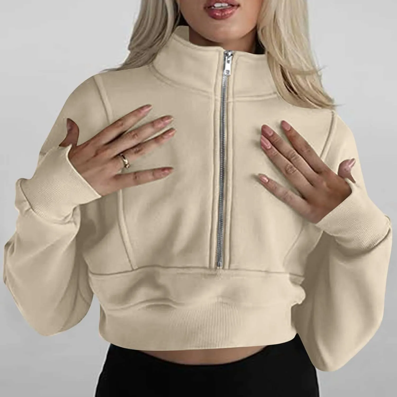 Women's Cute Pullover Half Zipper Cropped Sweatshirts, Winter Long Sleeve V Neck Knit, Fashion Hoodies Tops